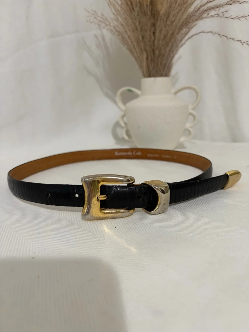 Kenneth Cole New York Genuine Leather Belt Gold Buckle S